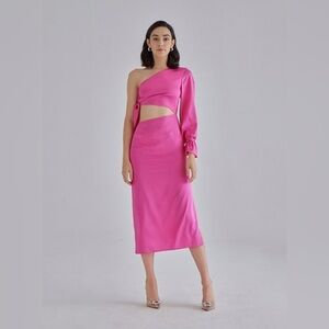 Silk Maison Hot Pink Silk Cut out Asymmetrical One Shoulder Midi Slip Dress NWT